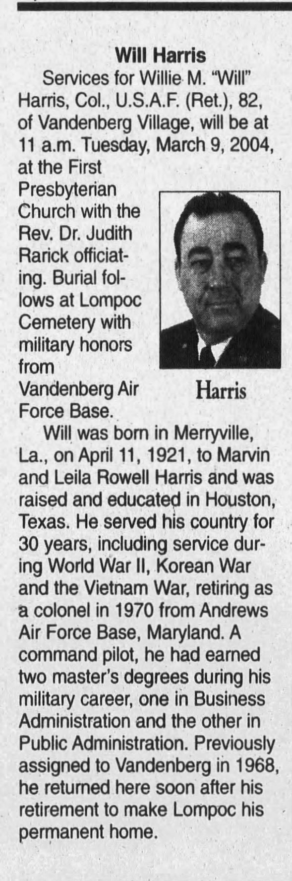 Obituary for Willie M. Harris (Aged 82)